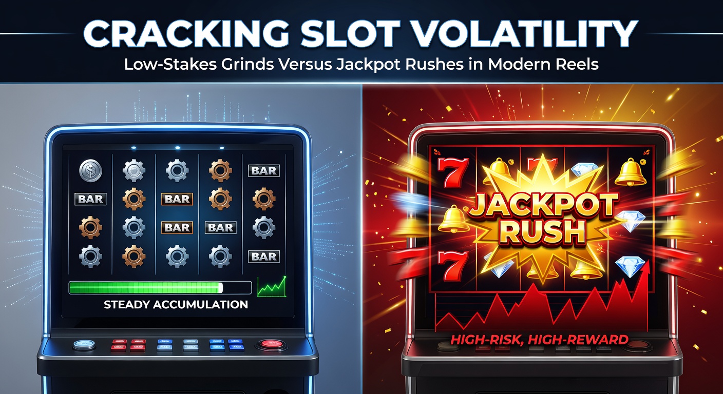 Grafik mit Slot-Walzen, die niedrige und hohe Volatilität darstellen, inklusive Symbolen für kleine Gewinne und massive Jackpots