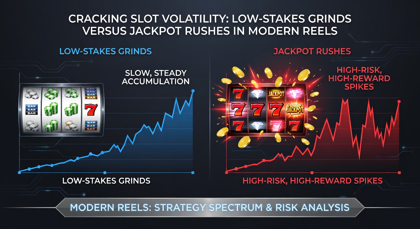 Vergleichsdiagramm von Low- und High-Volatility-Slots mit Balken für Gewinnfrequenz, Maximalgewinnen und RTP, um Strategien visuell zu verdeutlichen