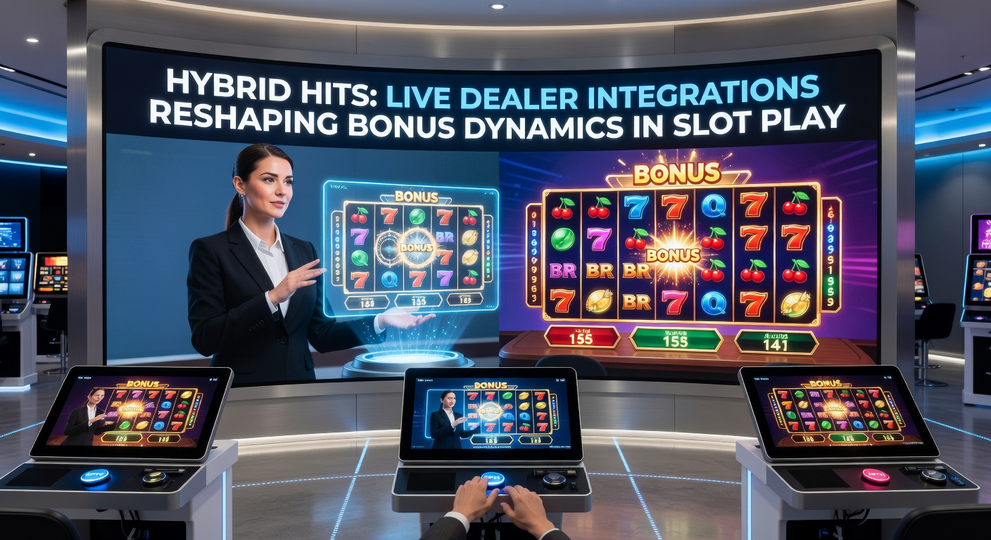 Live-Dealer an einem Tisch mit digitalen Slot-Elementen, Karten und Walzen im Vordergrund, Multiplikatoren leuchten auf