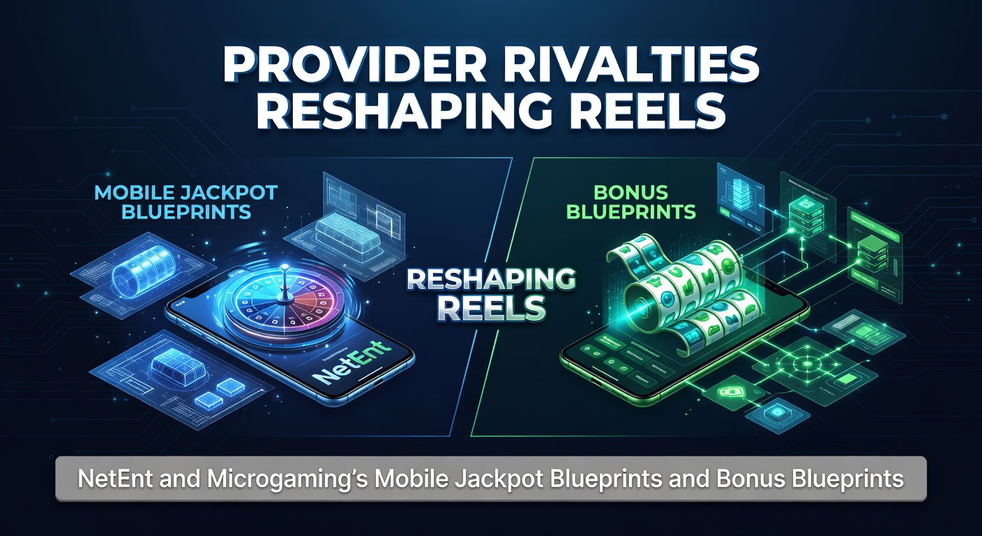 Darstellung der Rivalität zwischen NetEnt und Microgaming mit mobilen Slot-Walzen und Jackpot-Symbolen
